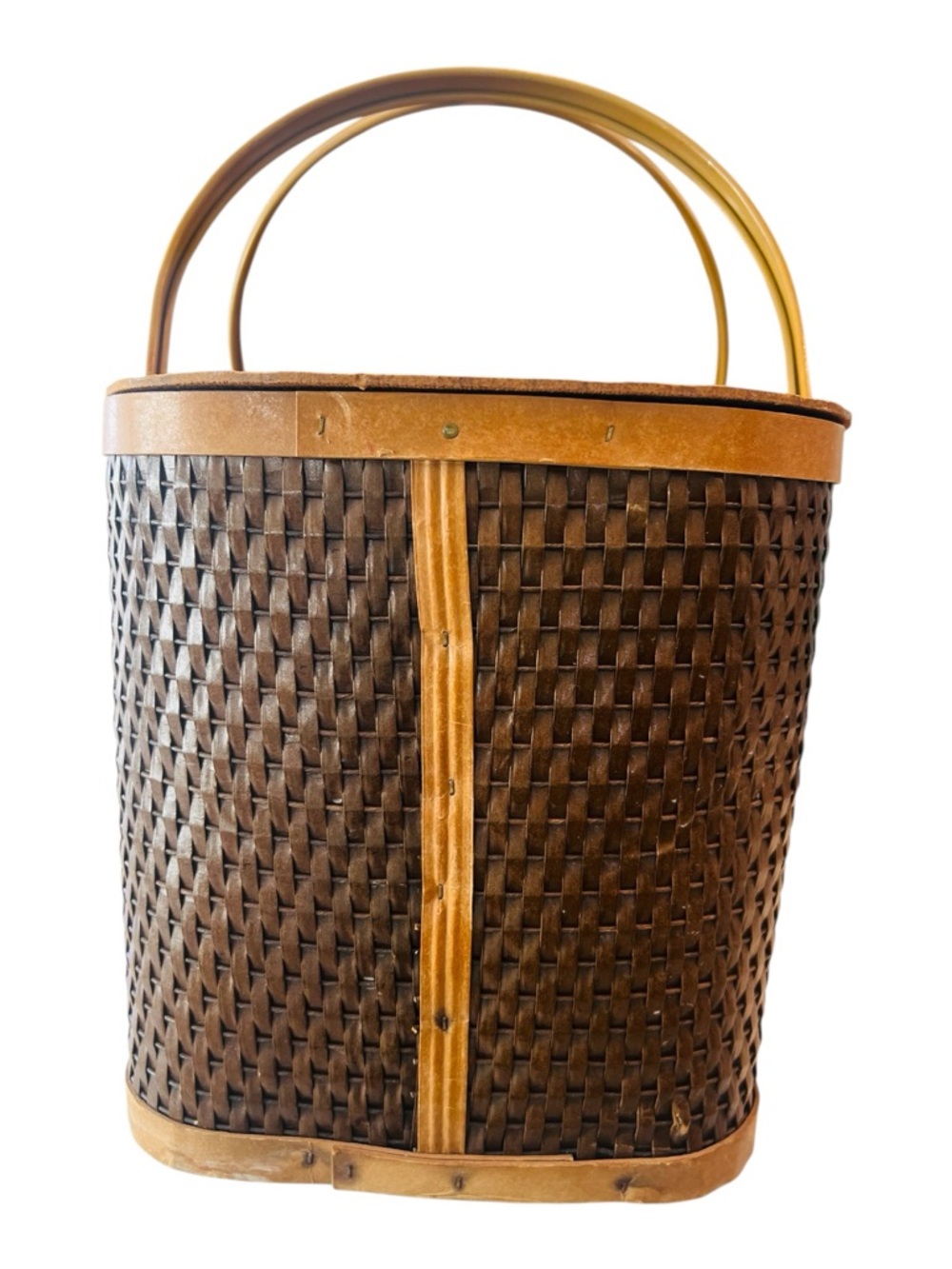 Vintage Hawkeye Burlington Picnic Basket Woven Wood Folding Lid 21” - Picture 2 of 5